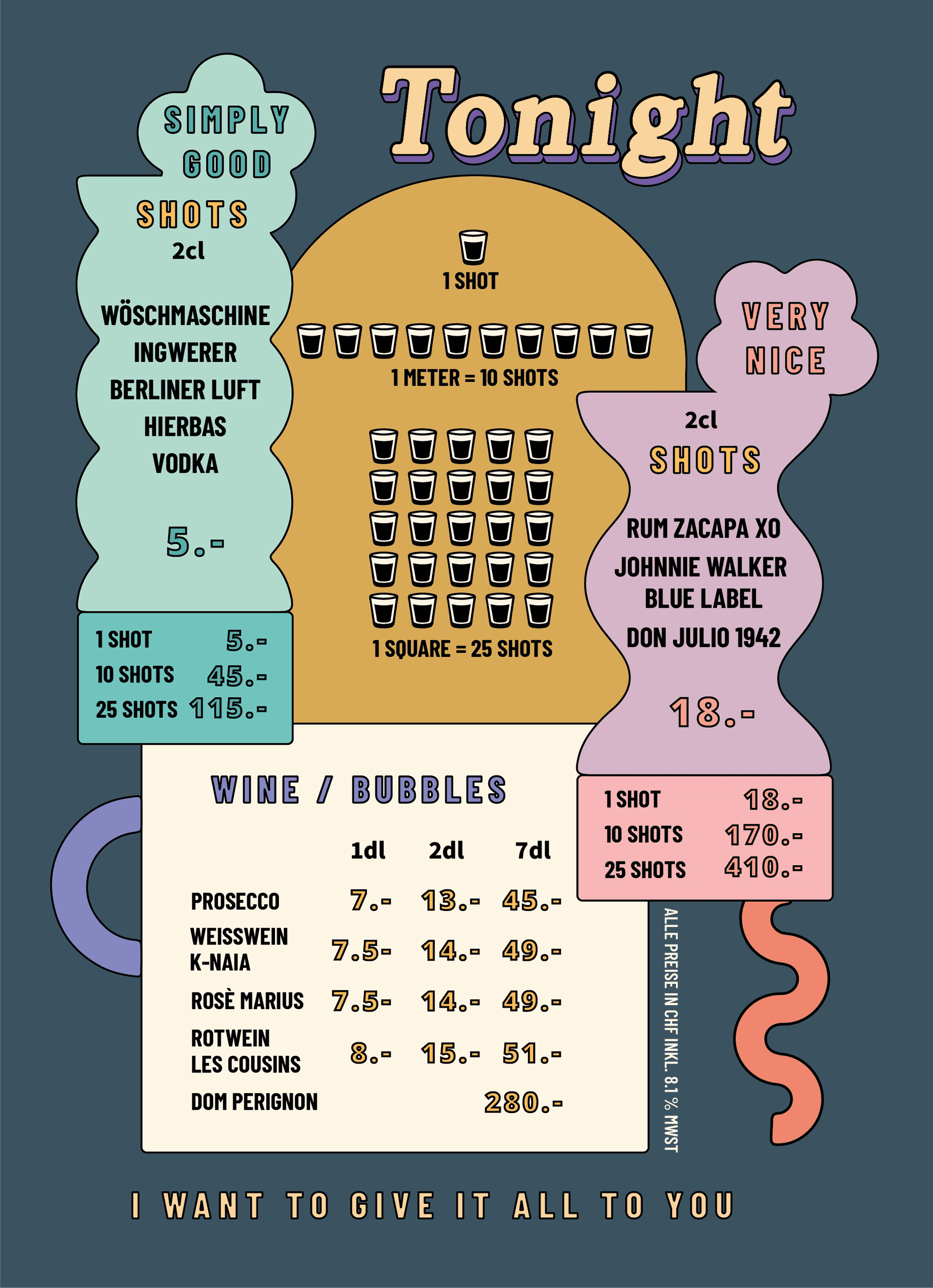 Back page of Monroe Zürich menu showcasing shots, premium spirits, wine and bubbles with prices in CHF